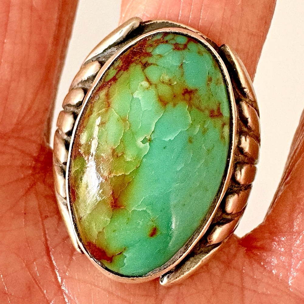 Big Navajo Mens Turquoise Ring Sz 10 Sterling Signed R Fans 24g Handmade Native